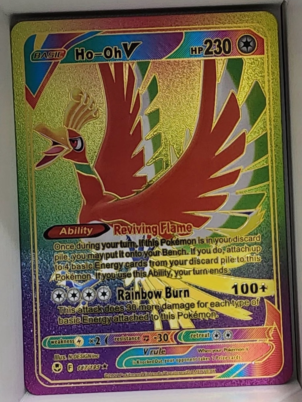 Ho-Oh V Rainbow Burn Rainbow Foil Fan Art Pokémon Card - Red & Gold